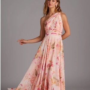 Azazie Floral One-Shoulder Dress in Pink and Cream